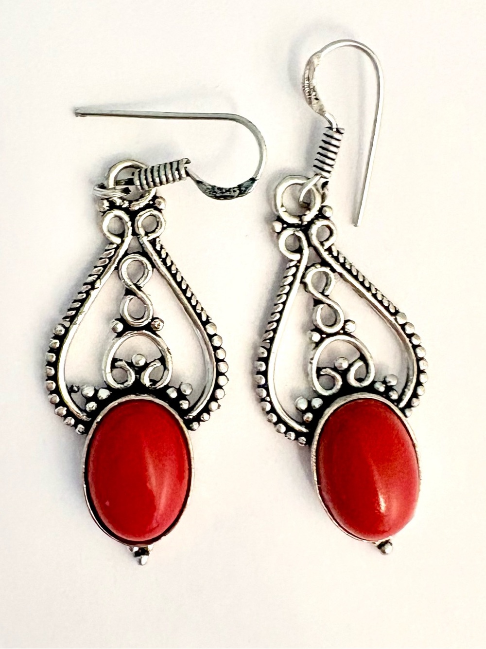 Beautiful, 2 inch, 925 marked, Coral earrings.